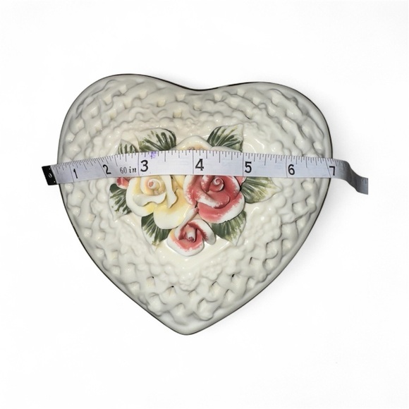 None Other - VintageHeart Shaped Ceramic Trinket Box with Rose Lid ♥️♥️♥️
